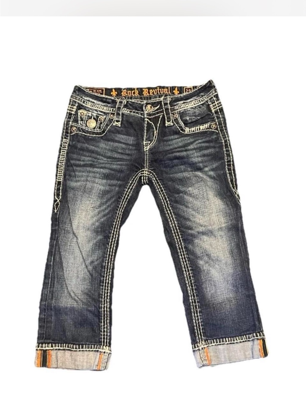 Y2K Rock Revival Women's Embroidered Dark Wash Denim Capris 2000s Vintage